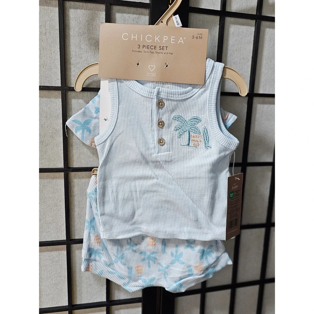 CHICKPEA 3 Piece‎ Palm Tree Tank Shorts Hat Set 3-6M Blue Tropical NWT